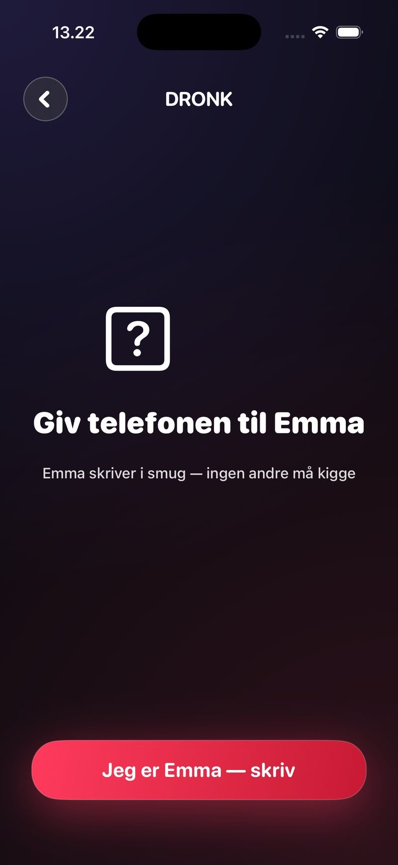 Skriveskærmen i Pandoras Æske: 'Giv telefonen til Emma' og knappen 'Jeg er Emma — skriv'