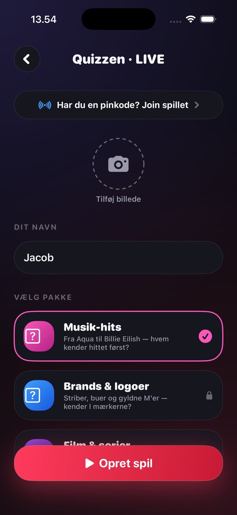 Opret LIVE-quiz i Dronk: navnet Jacob, pakkevælger med Musik-hits valgt og knappen 'Opret spil'