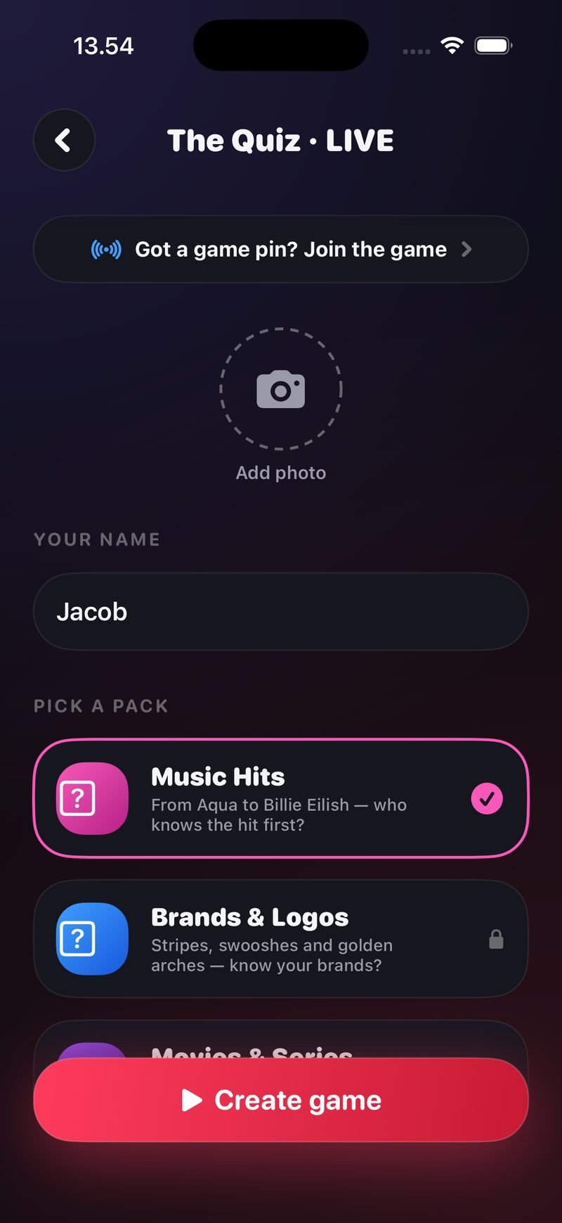 Create screen for The Quiz LIVE in Dronk: a Got a game pin? Join the game row, an Add photo circle, Your name set to Jacob, Pick a pack with Music Hits selected and Brands & Logos locked, and a Create game button