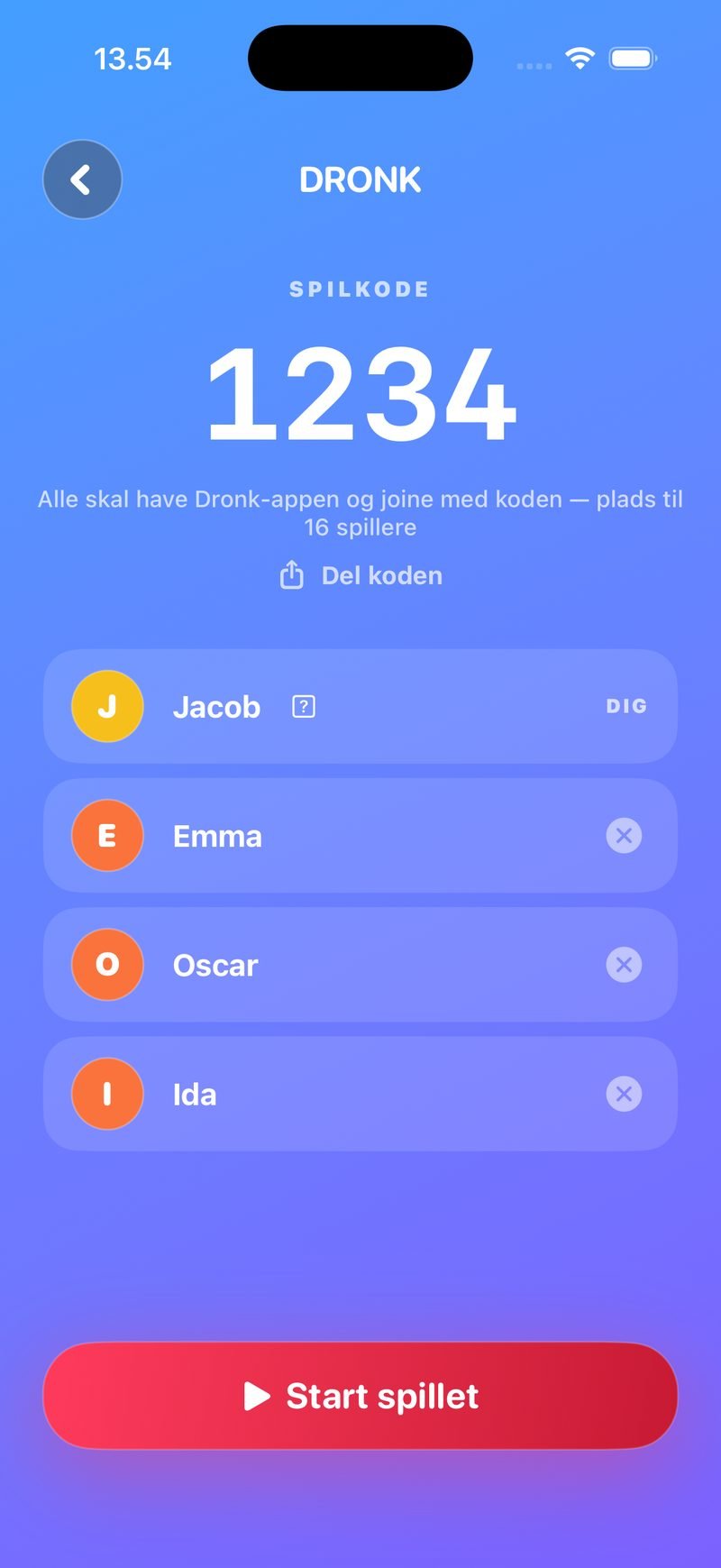 Lobbyen i Quizzen: spilkode 1234, 'Del koden', værten Jacob og tre joinede spillere, knappen 'Start spillet'
