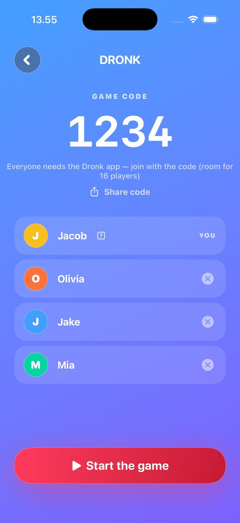 Lobby for The Quiz in Dronk: Game code 1234, a Share code button, the host Jacob marked You, joined players Olivia, Jake and Mia, and a Start the game button