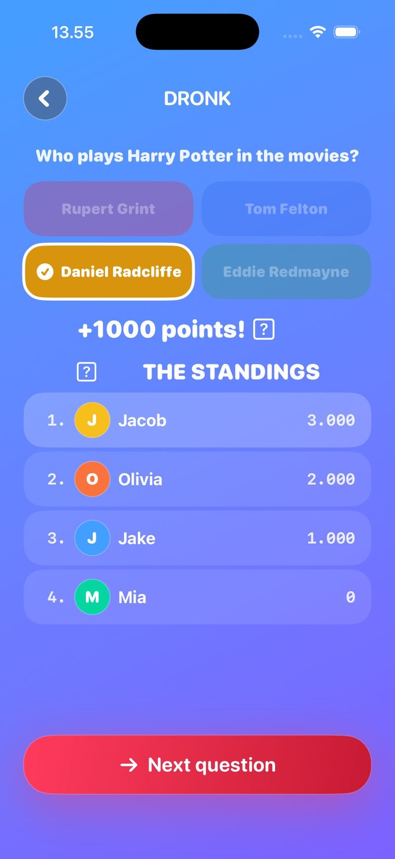 Reveal in The Quiz: Who plays Harry Potter in the movies? with Daniel Radcliffe marked correct, a +1000 points! banner, and The Standings: 1. Jacob 3,000, 2. Olivia 2,000, 3. Jake 1,000, 4. Mia 0, plus a Next question button