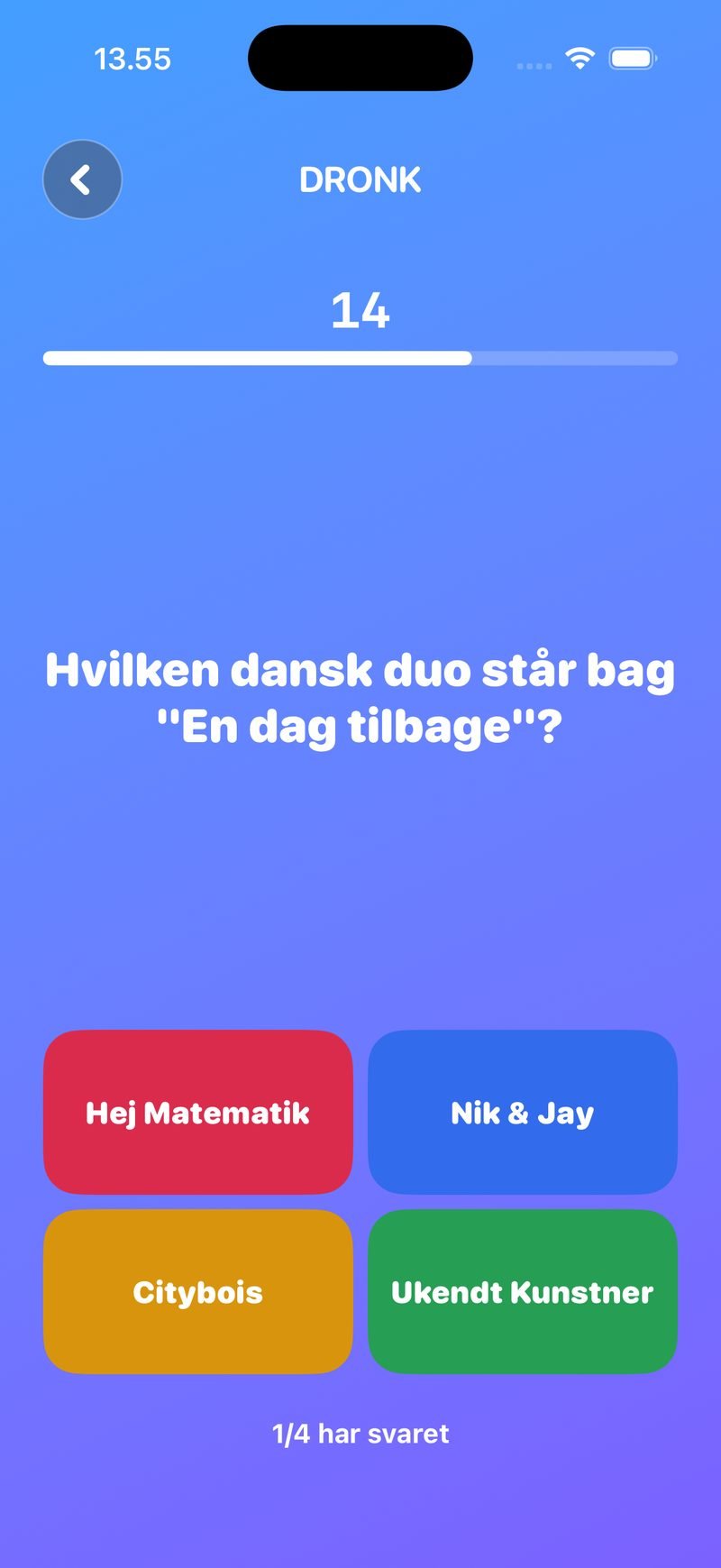 Quizzen i Dronk — spørgsmålet 'Hvilken dansk duo står bag En dag tilbage?' med fire farvede svar og nedtælling på 14 sekunder