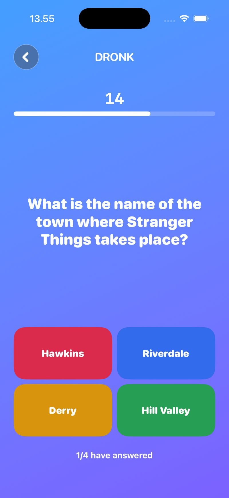 The Quiz in Dronk: a live question, What is the name of the town where Stranger Things takes place?, with four coloured answer buttons, a 14-second countdown and 1/4 have answered