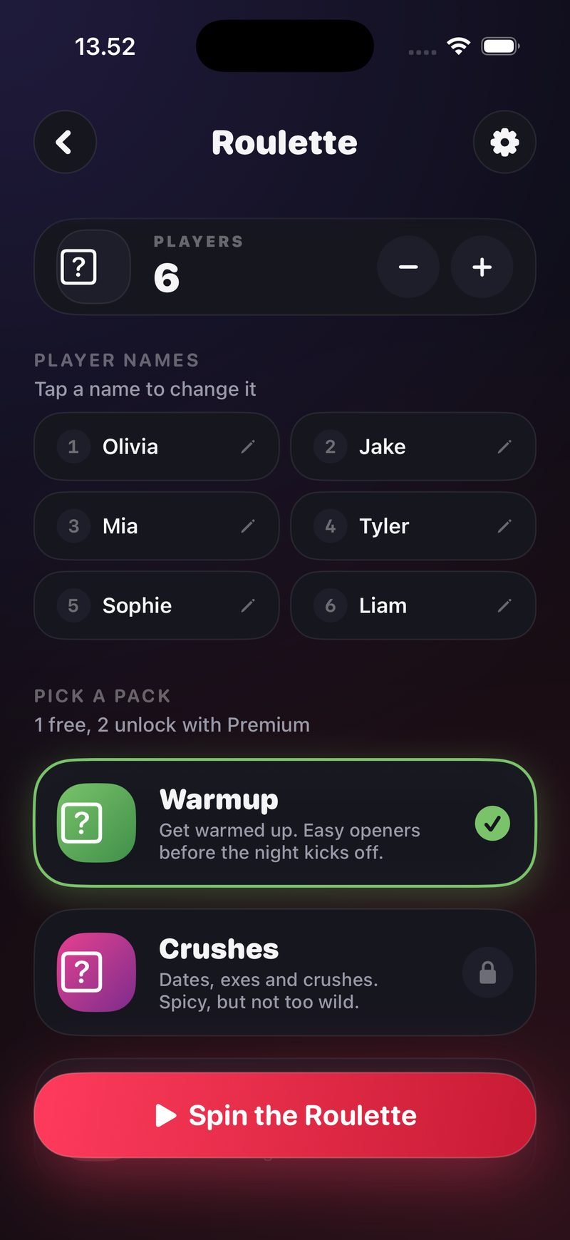 Roulette setup in Dronk: six players with names, the Warmup pack checked, and a Spin the Roulette button