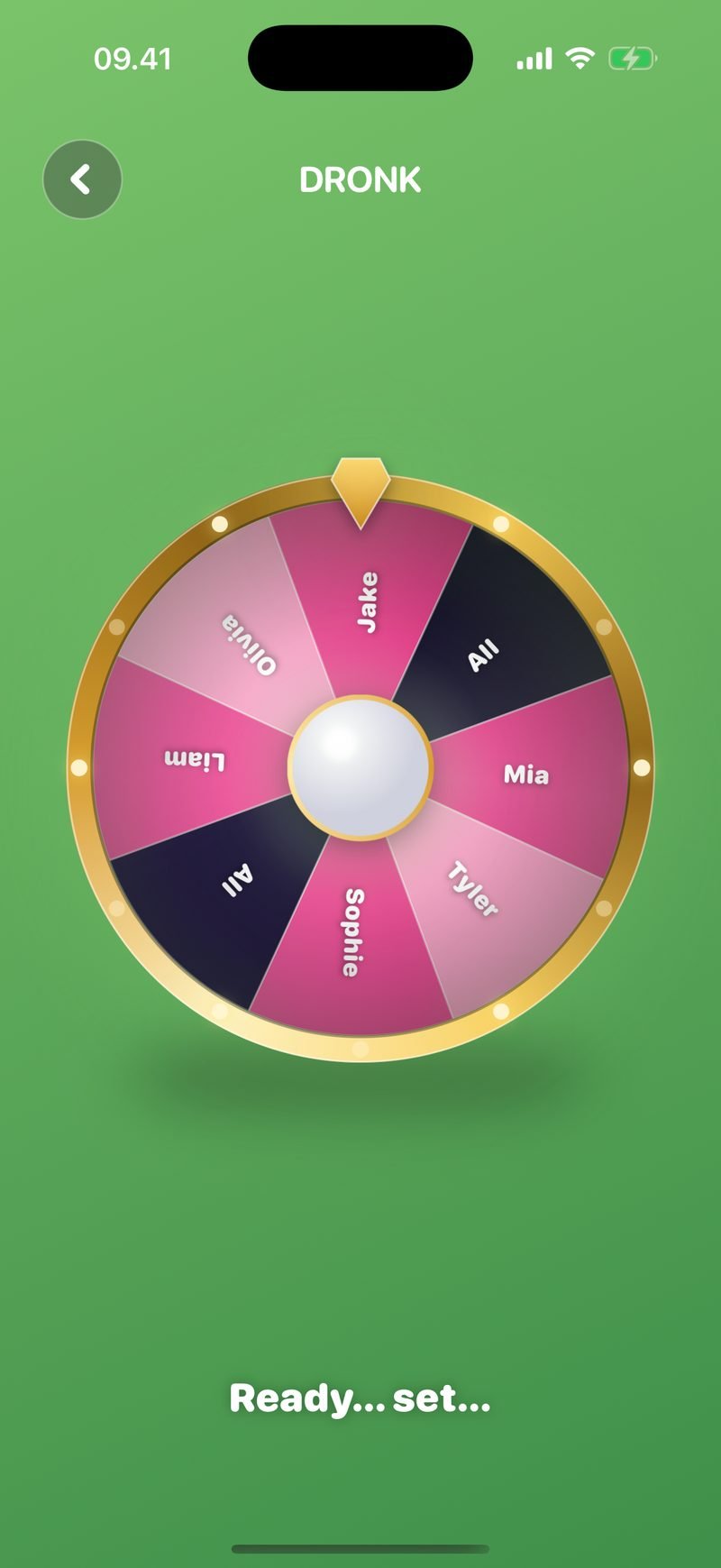 Roulette wheel in Dronk right before the spin, with every player's name and a black All segment