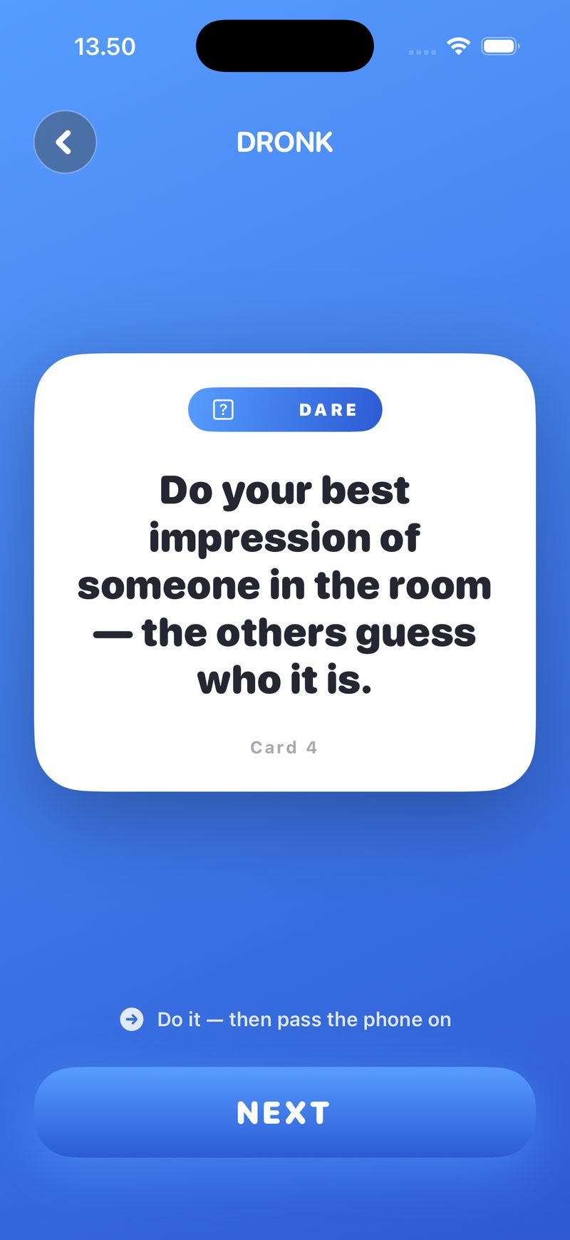 Dare card in Dronk: 'Do your best impression of someone in the room — the others guess who it is.' with a Next button