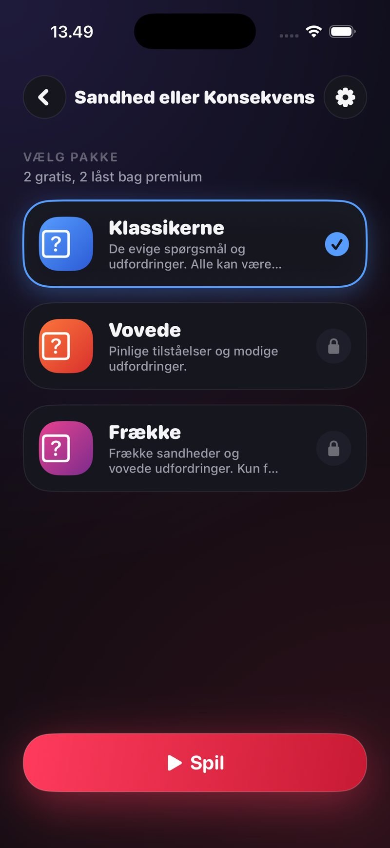 Pakkevælgeren i Sandhed eller Konsekvens: Klassikerne markeret, Vovede og Frække låst, Spil-knap nederst