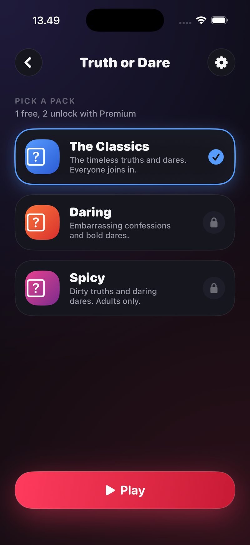 Truth or Dare pack picker in Dronk: The Classics checked, Daring and Spicy locked, and a Play button