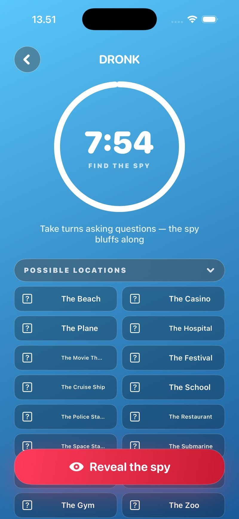 Question round in The Spy: a timer ring at 7:54 labelled Find the spy, the line Take turns asking questions, the spy bluffs along, a Possible Locations grid with The Beach, The Casino, The Plane, The Hospital and more, and a Reveal the spy button