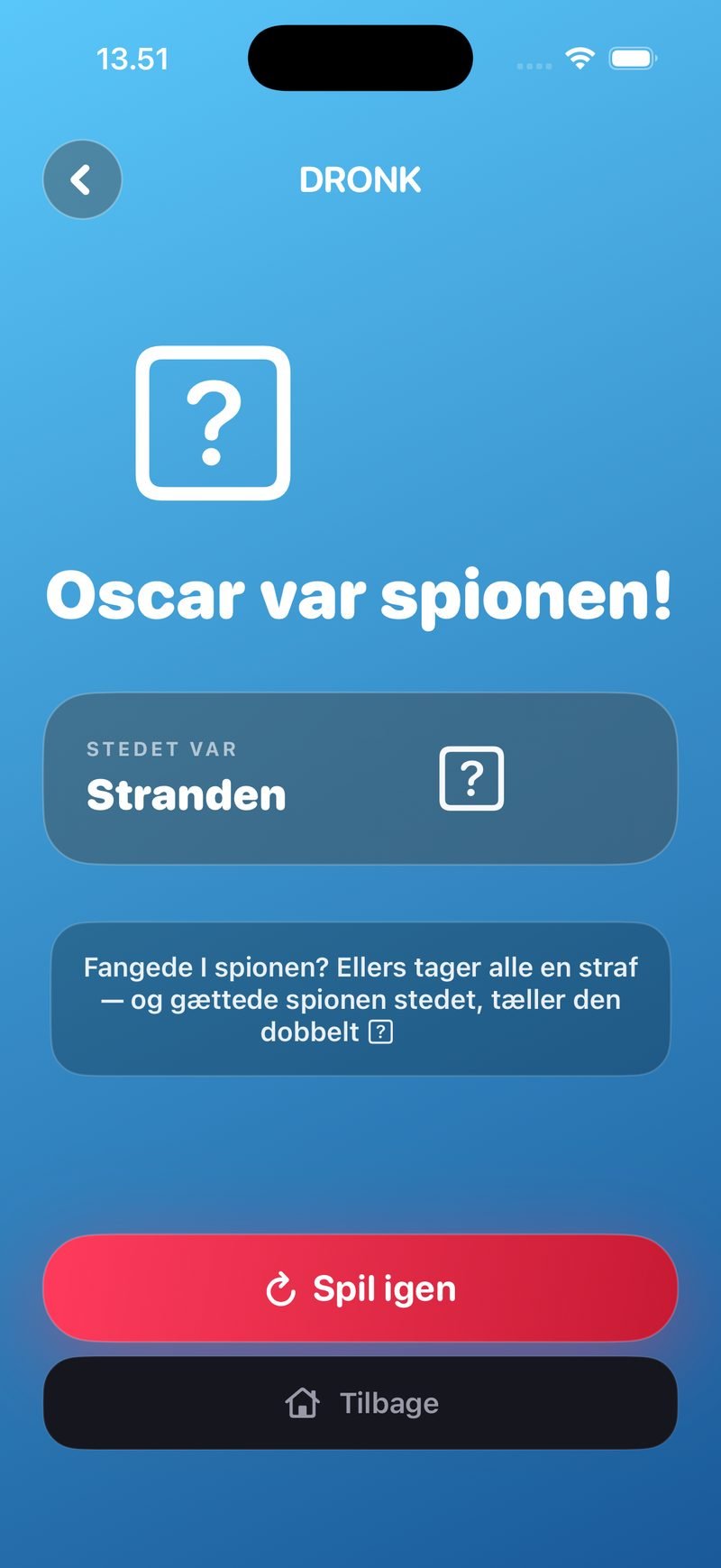 Resultatet i Spionen: 'Oscar var spionen!', Stedet var Stranden, knapperne Spil igen og Tilbage