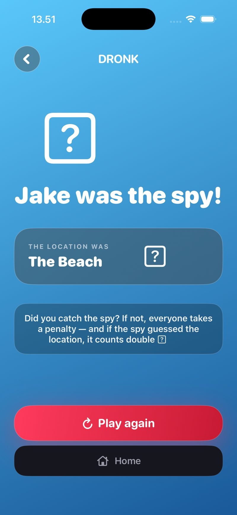 Result screen in The Spy: Jake was the spy! The location was The Beach, a note that if the spy wasn't caught everyone takes a penalty and it counts double if the spy guessed the location, with Play again and Home buttons