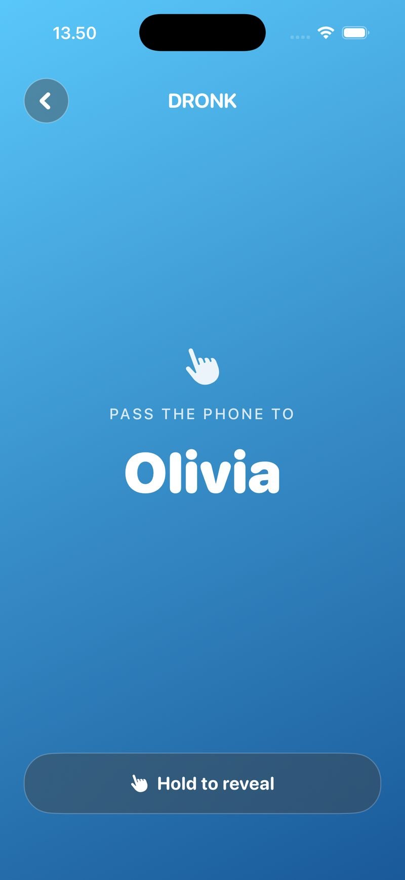 Pass-the-phone screen in The Spy on a blue gradient: Pass the phone to Olivia, with a Hold to reveal button and the card still hidden