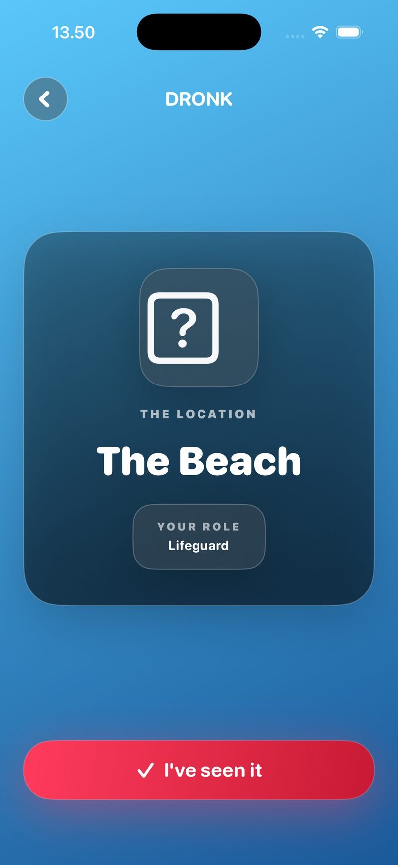 An agent's card in The Spy: The Location — The Beach, Your Role — Lifeguard, on the game's blue background