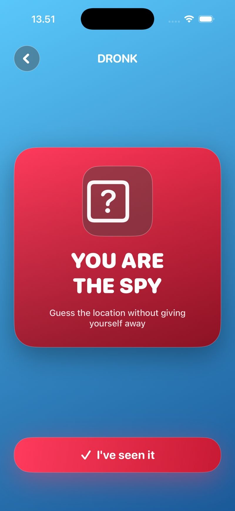 Spy card in The Spy: red card reading You are the spy, guess the location without giving yourself away