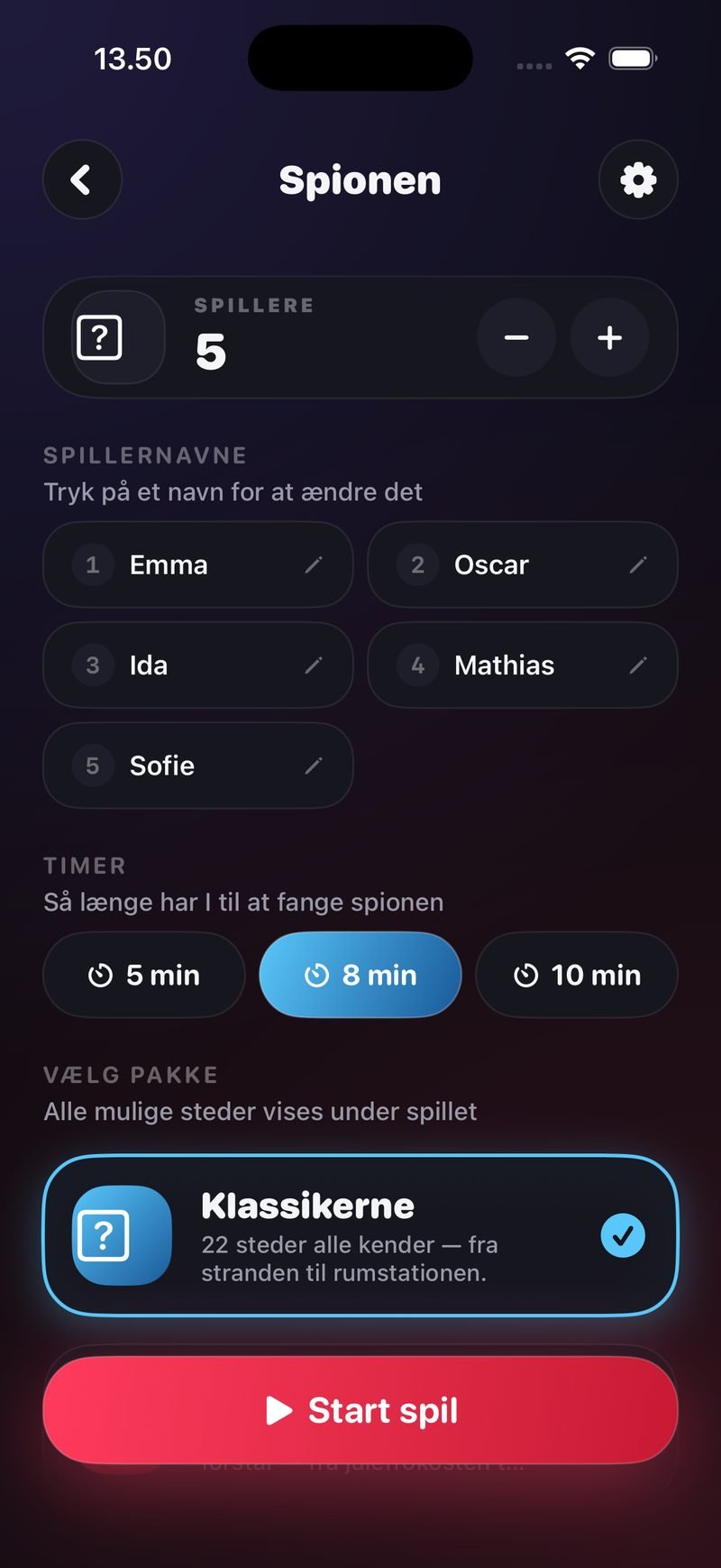 Opsætning i Spionen: 5 spillere, timer på 8 min og pakken Klassikerne valgt