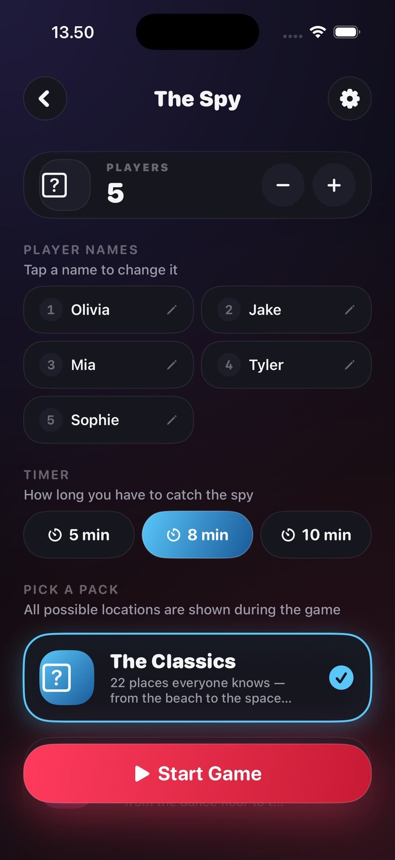 The Spy setup screen in Dronk: 5 players named Olivia, Jake, Mia, Tyler and Sophie, timer options 5, 8 and 10 min with 8 selected, The Classics pack selected, and a Start Game button