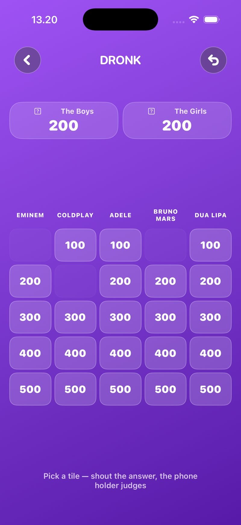 The Board in the Dronk app: five artist columns (Eminem, Coldplay, Adele, Bruno Mars, Dua Lipa) with squares from 100 to 500, three squares already used, and The Boys vs. The Girls at 200 points each