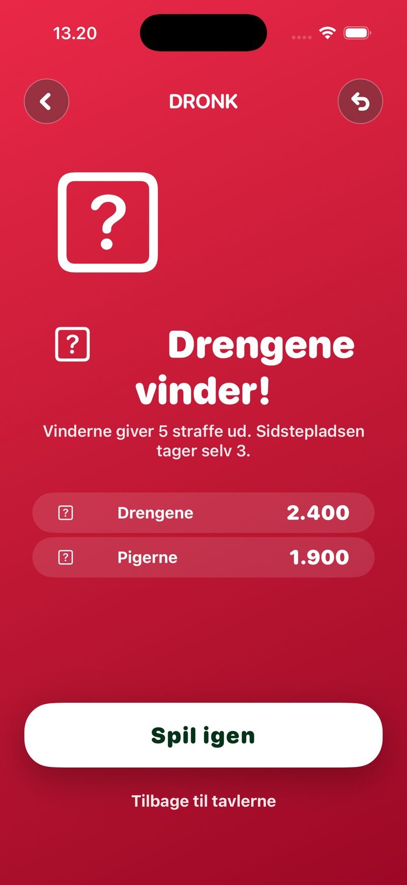 Slutresultat i Tavlen: Drengene vinder! Vinderne giver 5 straffe ud, sidstepladsen tager selv 3. Stillingen Drengene 2.400 mod Pigerne 1.900 og knapperne Spil igen og Tilbage til tavlerne