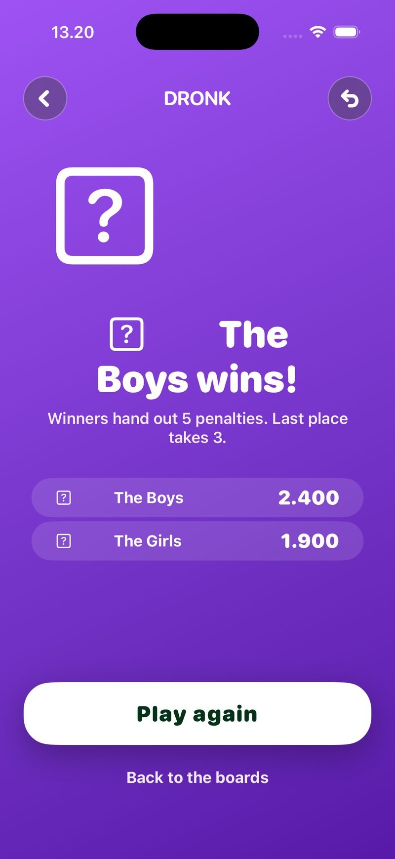 The Board final score: a trophy, the headline The Boys wins!, the text Winners hand out 5 penalties. Last place takes 3., the scores The Boys 2,400 and The Girls 1,900, a Play again button and a Back to the boards link