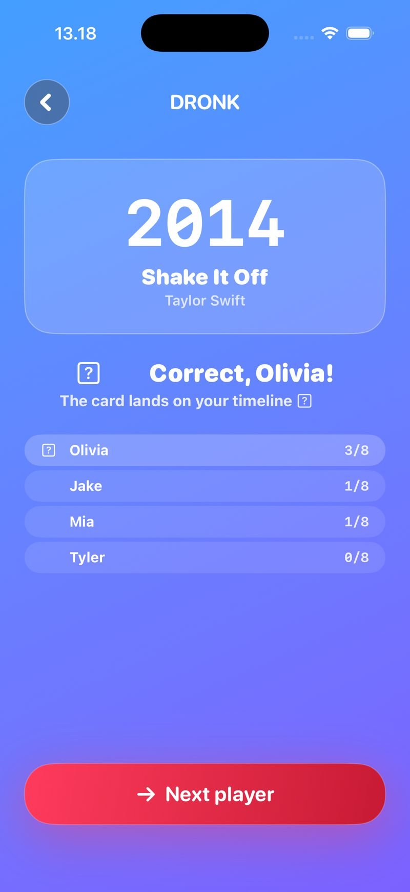 The Timeline reveal: a big 2014 above Shake It Off by Taylor Swift, the text Correct, Olivia! The card lands on your timeline, the standings Olivia 3/8, Jake 1/8, Mia 1/8, Tyler 0/8 and a Next player button