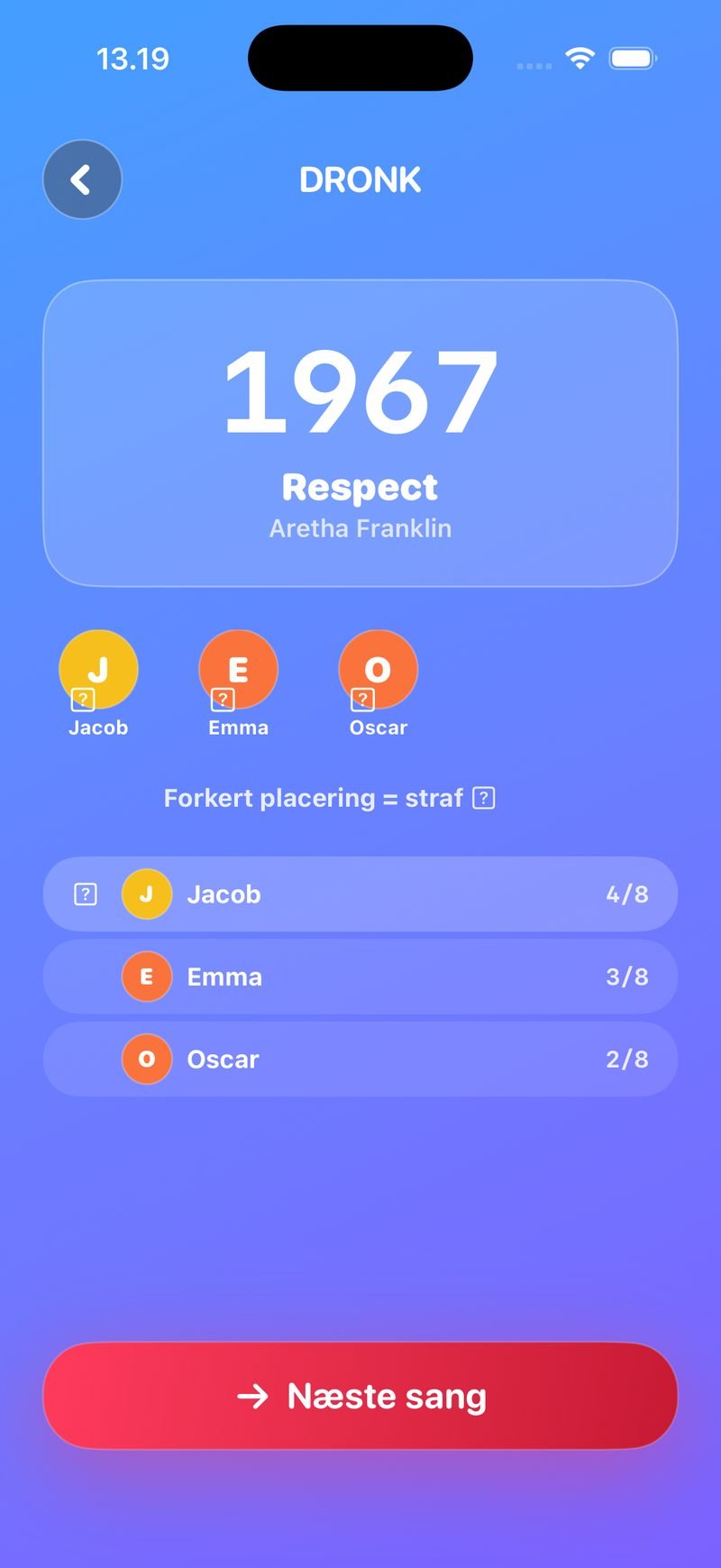 LIVE-afsløring i Tidslinjen: kortet viser 1967 Respect af Aretha Franklin, spillerne Jacob, Emma og Oscar med markering af hvem der placerede rigtigt, teksten Forkert placering = straf, stillingen Jacob 4/8, Emma 3/8, Oscar 2/8 og knappen Næste sang