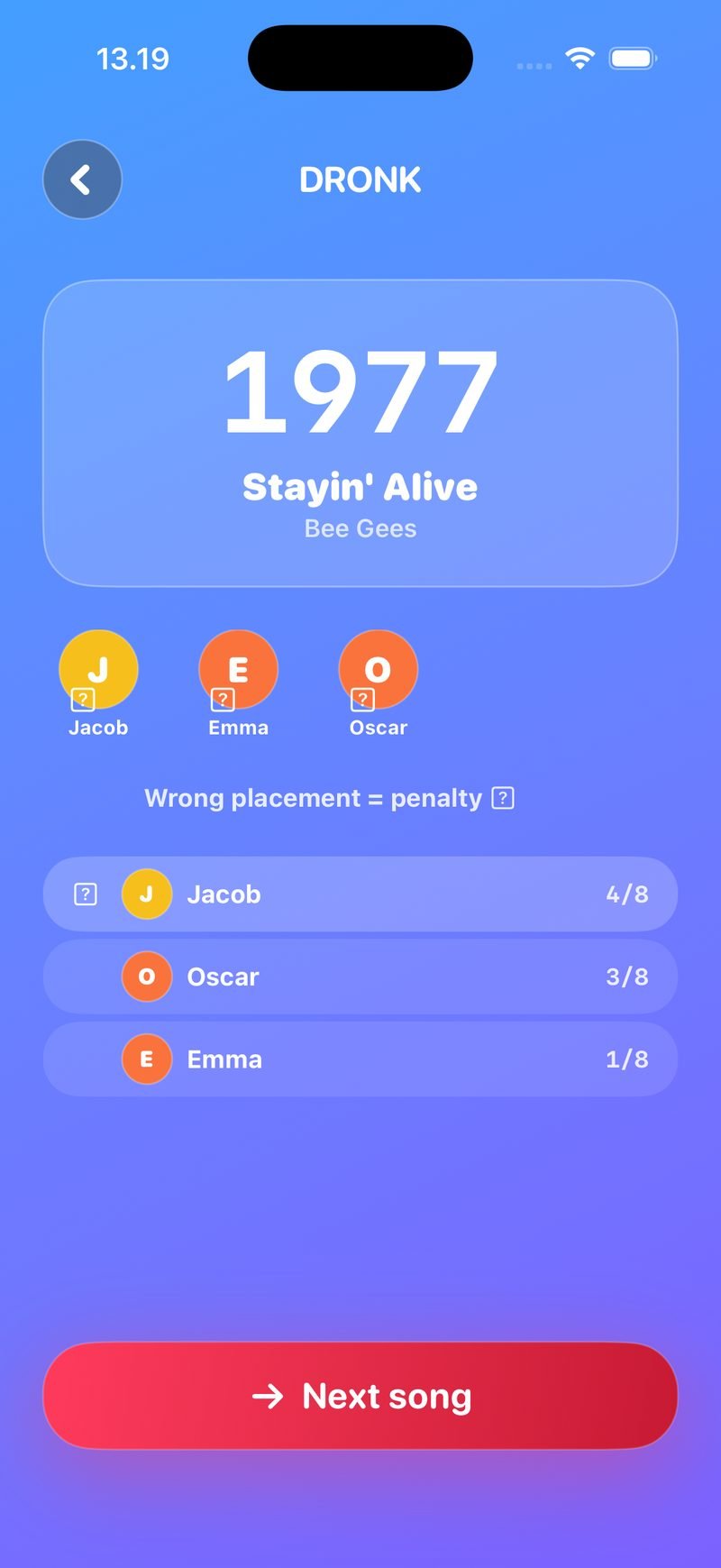 The Timeline LIVE reveal: 1977 above Stayin' Alive by Bee Gees, avatars for Jacob, Emma and Oscar, the text Wrong placement = penalty, the standings Jacob 4/8, Oscar 3/8, Emma 1/8 and a Next song button