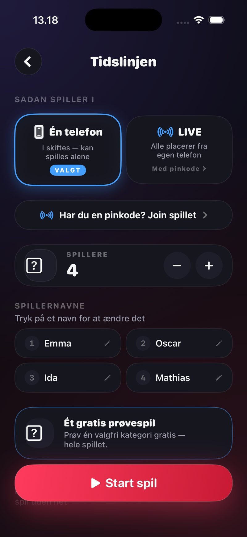 Opsætning af Tidslinjen: »Én telefon« valgt, 4 spillere med navnene Emma, Oscar, Ida og Mathias, ét gratis prøvespil og knappen Start spil