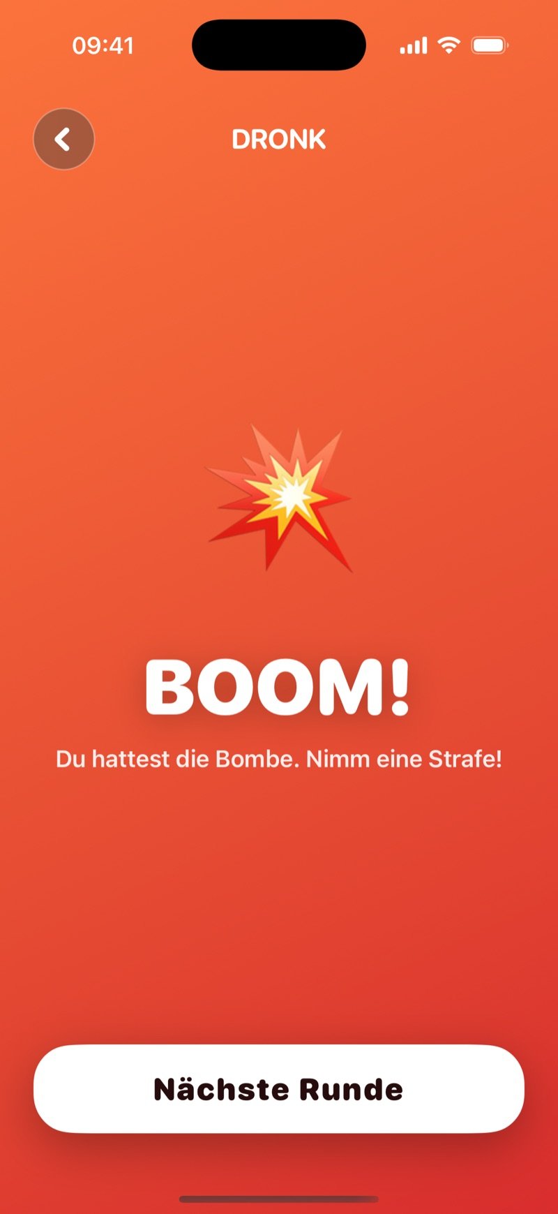 Der Explosions-Bildschirm der Bombe in Dronk: BOOM! You were holding the bomb, take a penalty! mit einem Button Next round