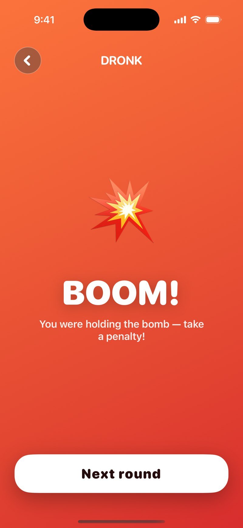 Ekran wybuchu Bomby w Dronk: BOOM! You were holding the bomb, take a penalty! z przyciskiem Next round