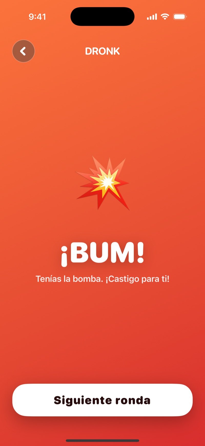 Pantalla de explosión de La Bomba en Dronk: ¡BUM!, quien tenía la bomba se lleva un castigo, con el botón para la siguiente ronda