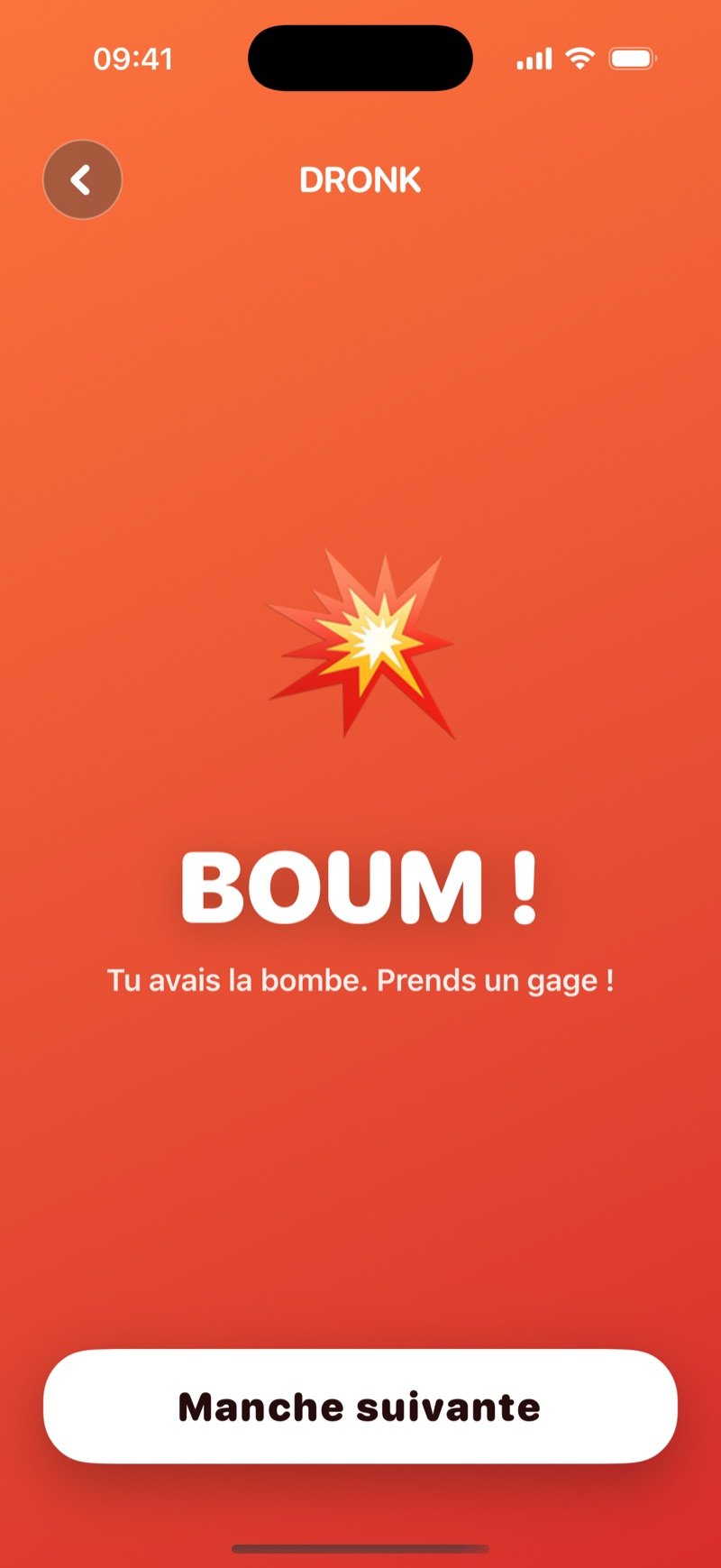 L'écran d'explosion de la Bombe dans Dronk : BOOM! You were holding the bomb, take a penalty! avec un bouton Next round