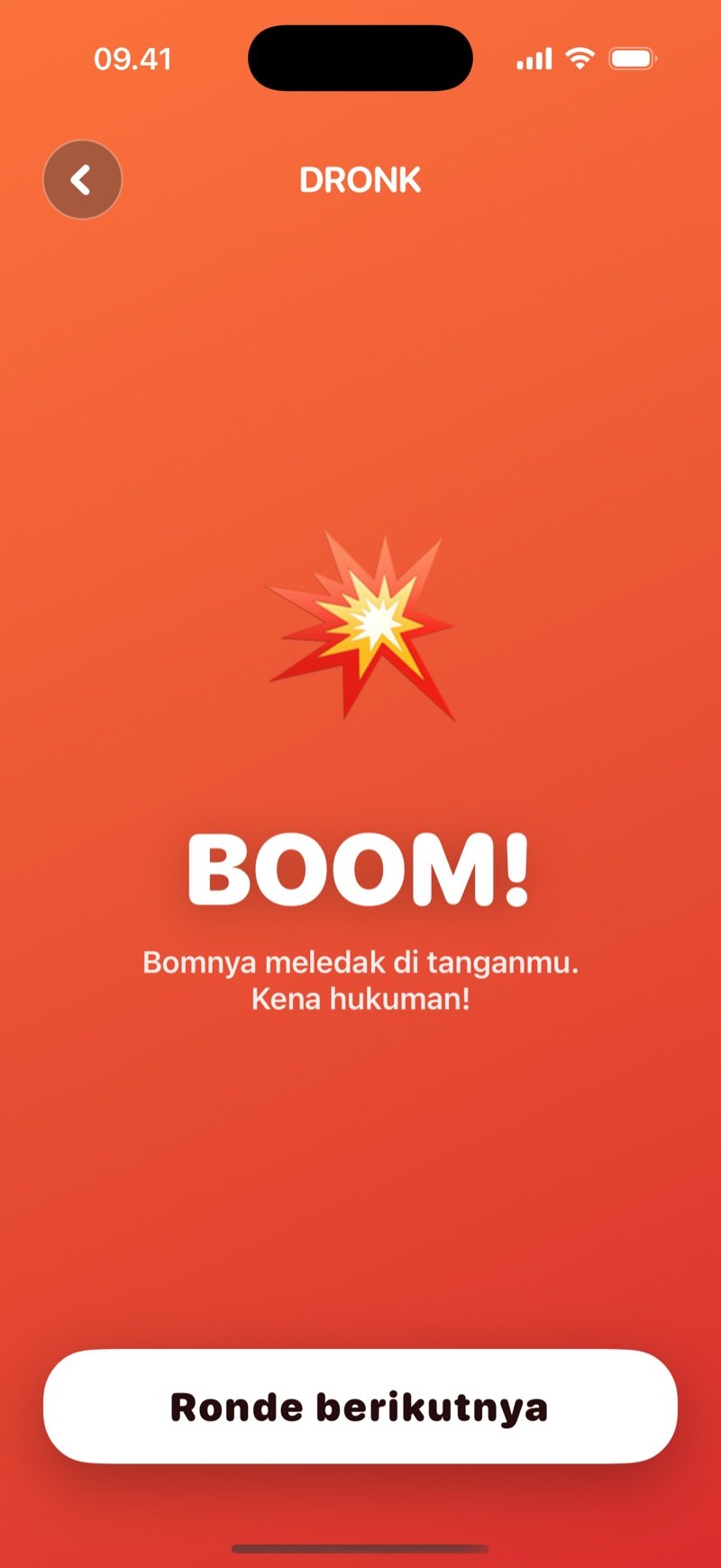Layar bom meledak di Dronk: BOOM! Bomnya meledak di tanganmu. Kena hukuman! dengan tombol Ronde berikutnya