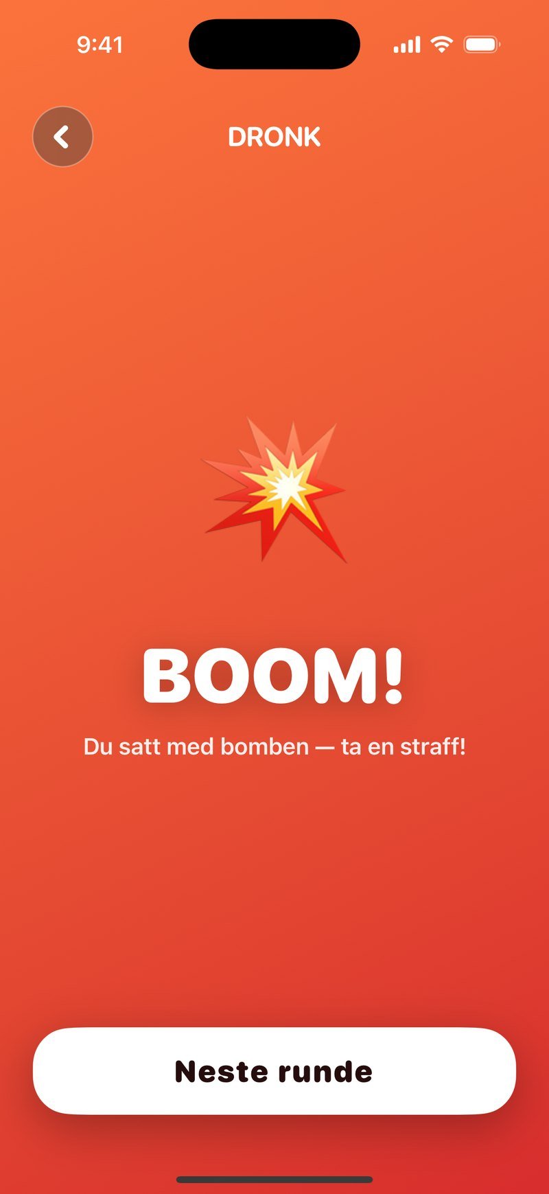 Bomben har smelt: en eksplosjon over ordet BOOM!, teksten Du satt med bomben, ta en straff! og den hvite knappen Neste runde nederst