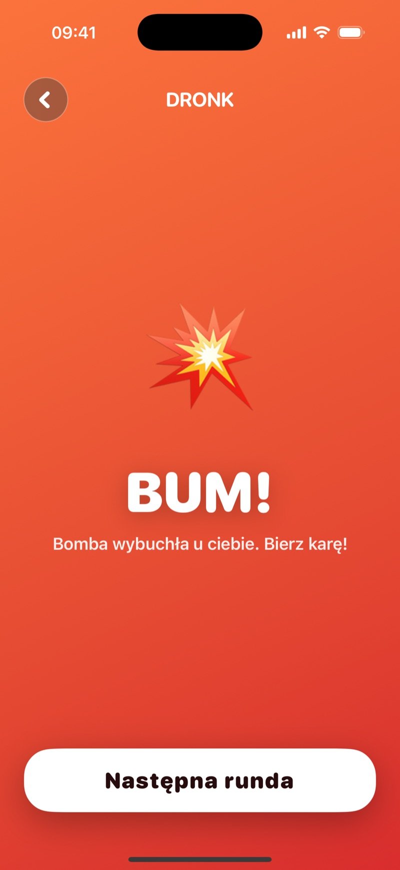 Ekran wybuchu Bomby w Dronk: BOOM! You were holding the bomb, take a penalty! z przyciskiem Next round