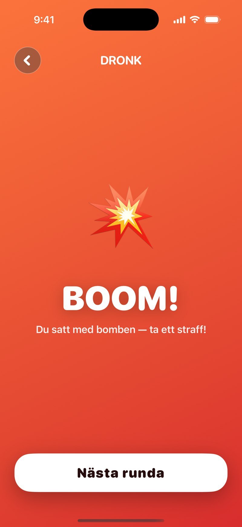 Bomben har exploderat: en explosionssymbol över ordet BOOM! med texten Du satt med bomben, ta ett straff! och knappen Nästa runda längst ner