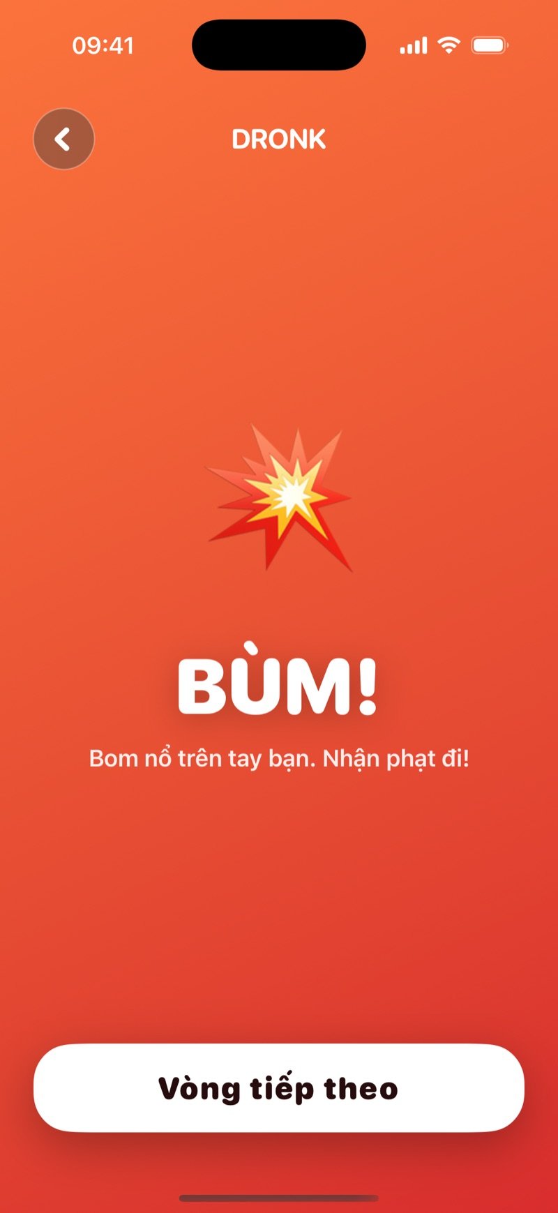 Màn hình bom nổ trong Dronk: BÙM! Bom nổ trên tay bạn. Nhận phạt đi! cùng nút Vòng tiếp theo