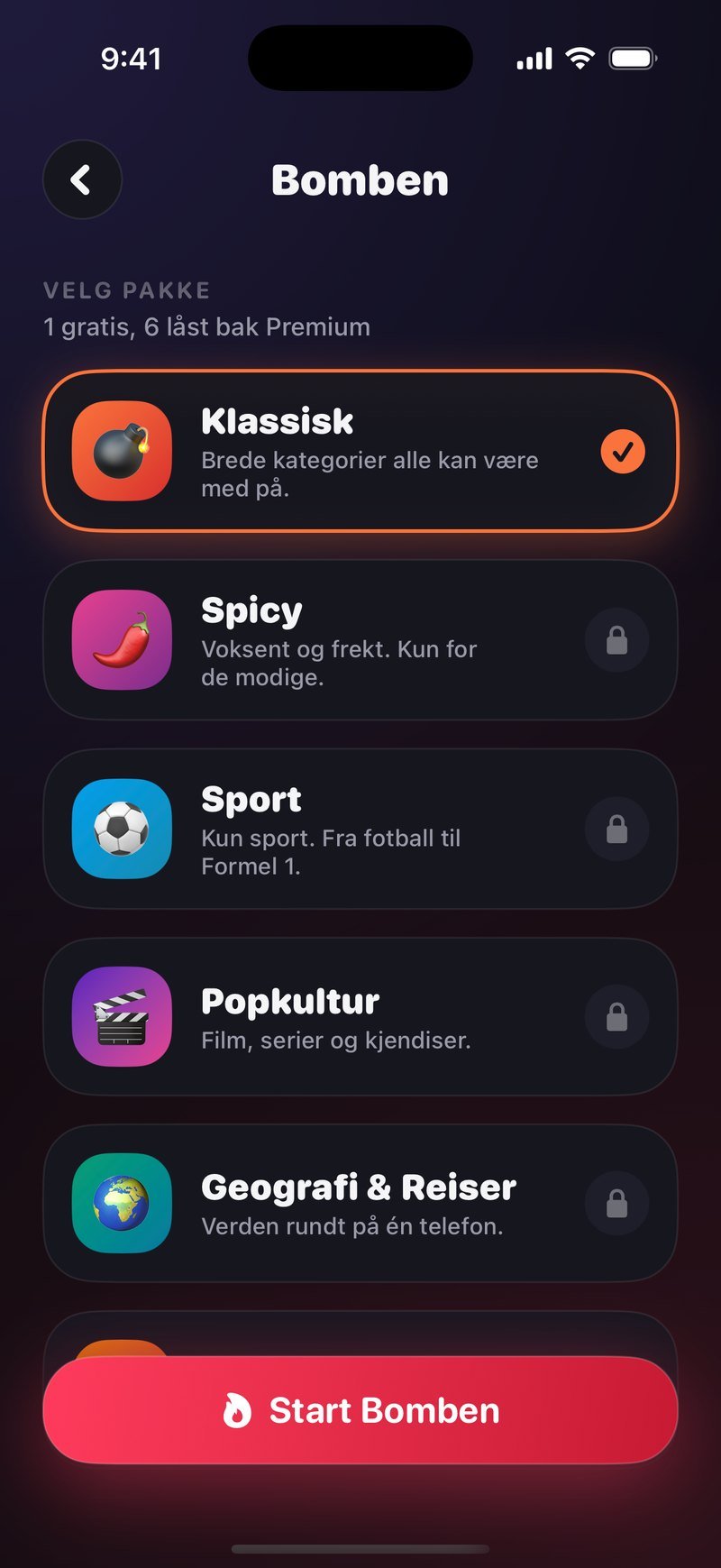 Pakkevelgeren i Bomben i Dronk: overskriften VELG PAKKE og pakkene Klassisk med bombeikon, Spicy med chiliikon, Sport med fotballikon, Popkultur med filmklappeikon og Geografi & Reiser med klodeikon, og den røde knappen Start Bomben nederst