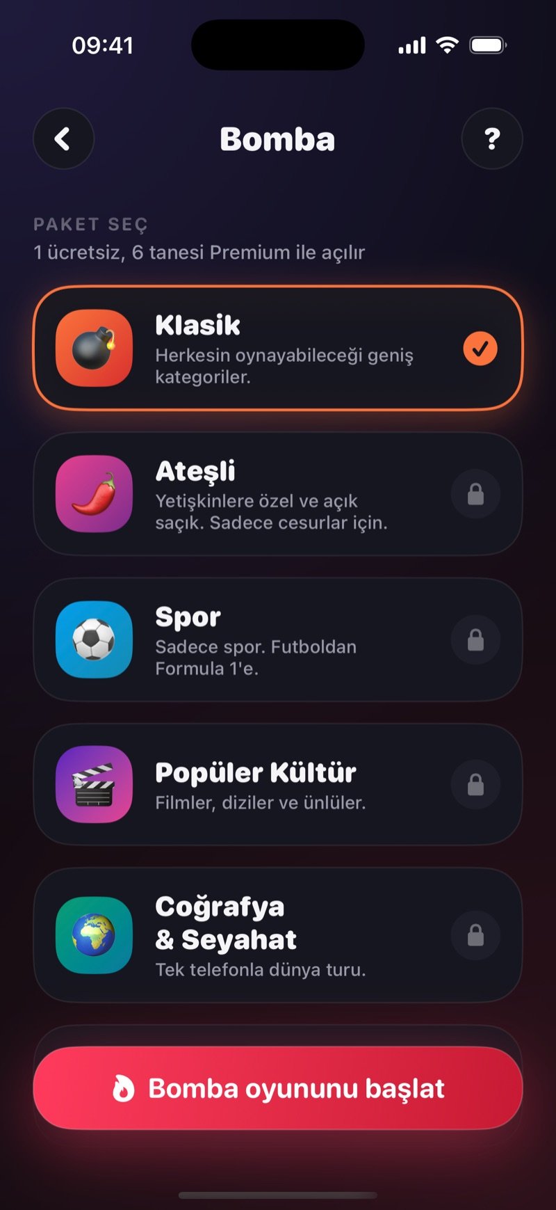 Dronk'ta Bomba paket seçimi: kategori paketleri ve Bomba oyununu başlat düğmesi