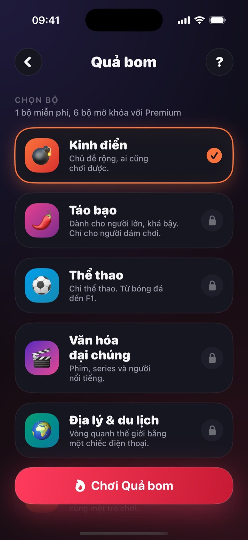 Màn hình chọn bộ của Quả bom trong Dronk: các bộ chủ đề và nút Chơi Quả bom