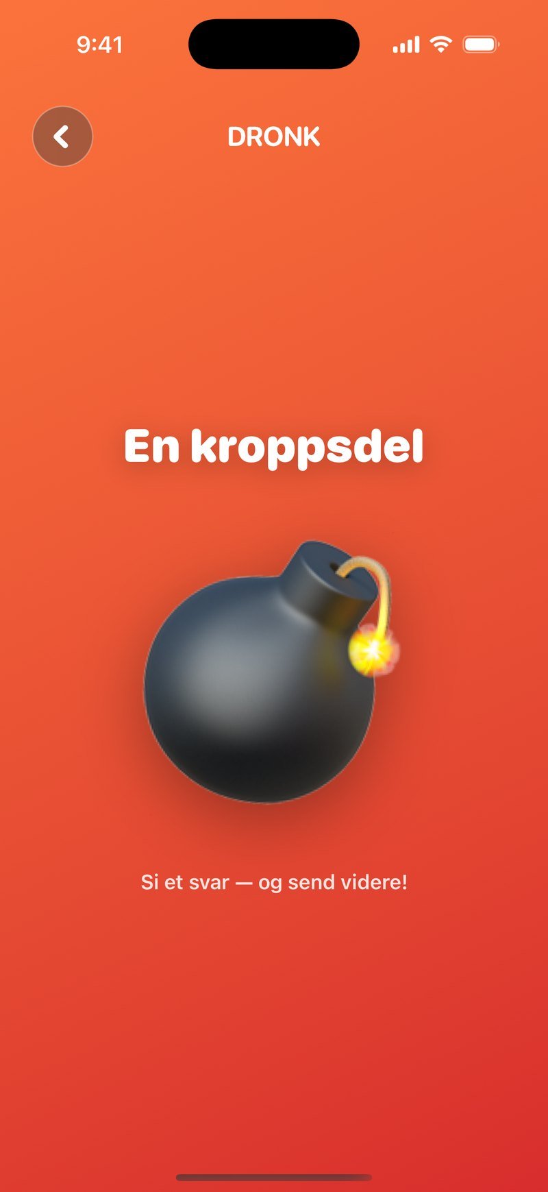 Bomben i Dronk: kategorien En kroppsdel, og beskjeden om å si et svar og sende telefonen videre