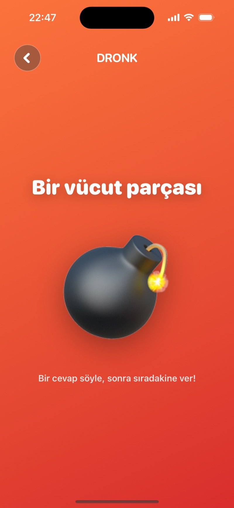 Dronk uygulamasında Bomba: fitil yanarken ekranda bir kategori