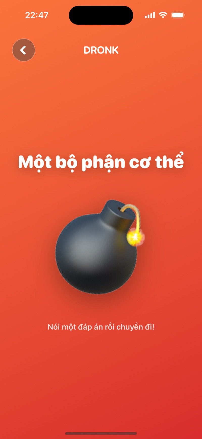 Quả bom trong app Dronk: một chủ đề hiện trên màn hình trong khi ngòi nổ đang cháy