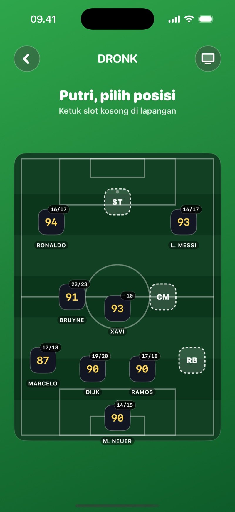 Draft Sepak Bola di Dronk: formasi 4-3-3 di lapangan dengan beberapa bintang yang sudah dipilih dan posisi kosong yang menunggu