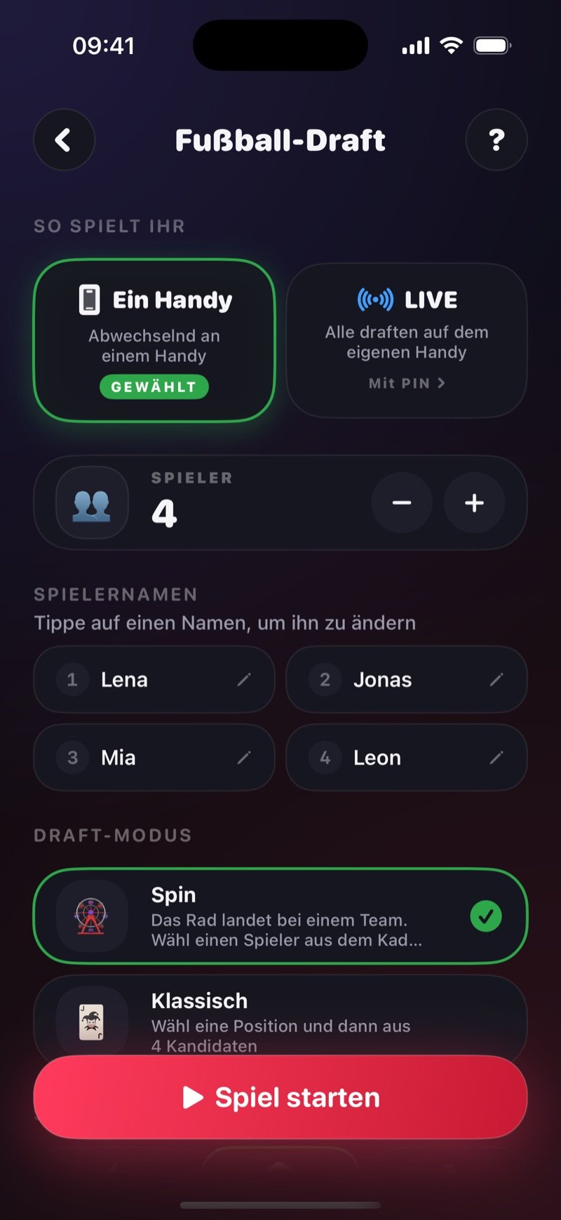 Setup-Screen von Fußball-Draft in Dronk: How you play mit One phone ausgewählt und einer LIVE-Option, 4 Spieler namens Olivia, Jake, Mia und Tyler, Draft-Mechanik Spin statt Classic ausgewählt, und ein Button Start Game
