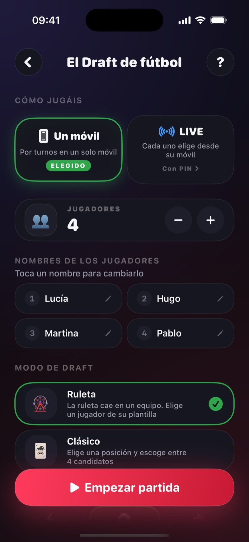 Pantalla de configuración de El Draft de fútbol en Dronk: How you play con One phone seleccionado y una opción LIVE, 4 jugadores llamados Olivia, Jake, Mia y Tyler, la mecánica de draft Spin seleccionada sobre Classic, y un botón Start Game (captura de la versión en inglés)