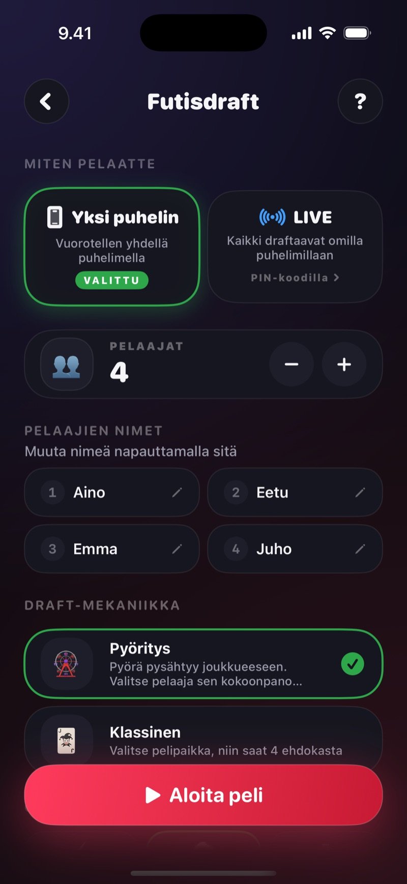 Futisdraftin asetusnäkymä Dronkissa: valinta yhden puhelimen ja LIVEn välillä, pelaajien nimet, draft-mekaniikka Pyöritys tai Klassinen ja Aloita peli -painike