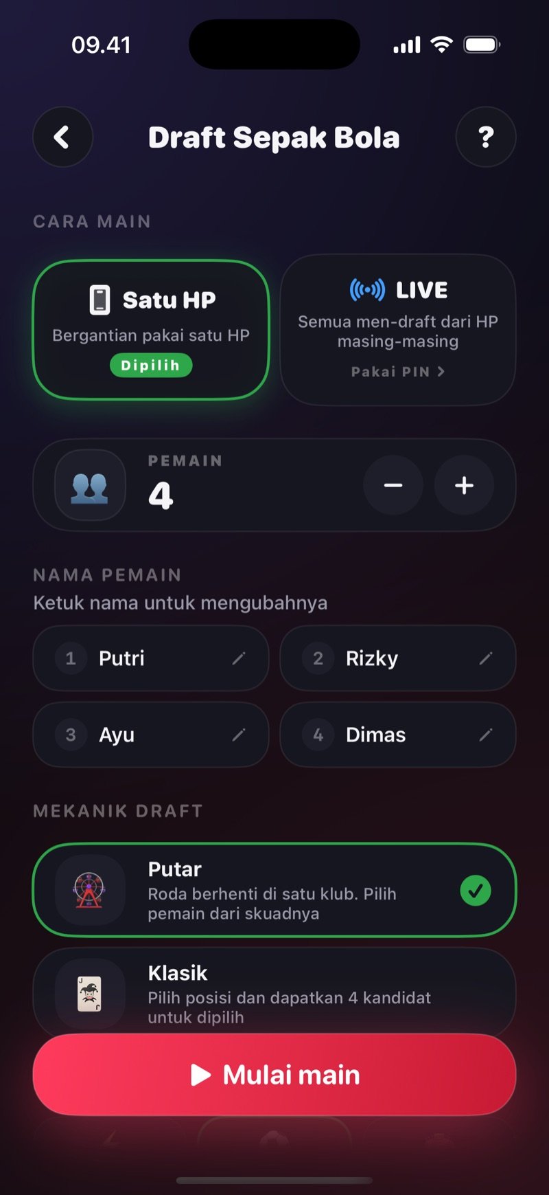 Layar pengaturan Draft Sepak Bola di Dronk: pilihan Satu HP atau LIVE, nama-nama pemain, mekanik draft Putar atau Klasik, dan tombol Mulai main