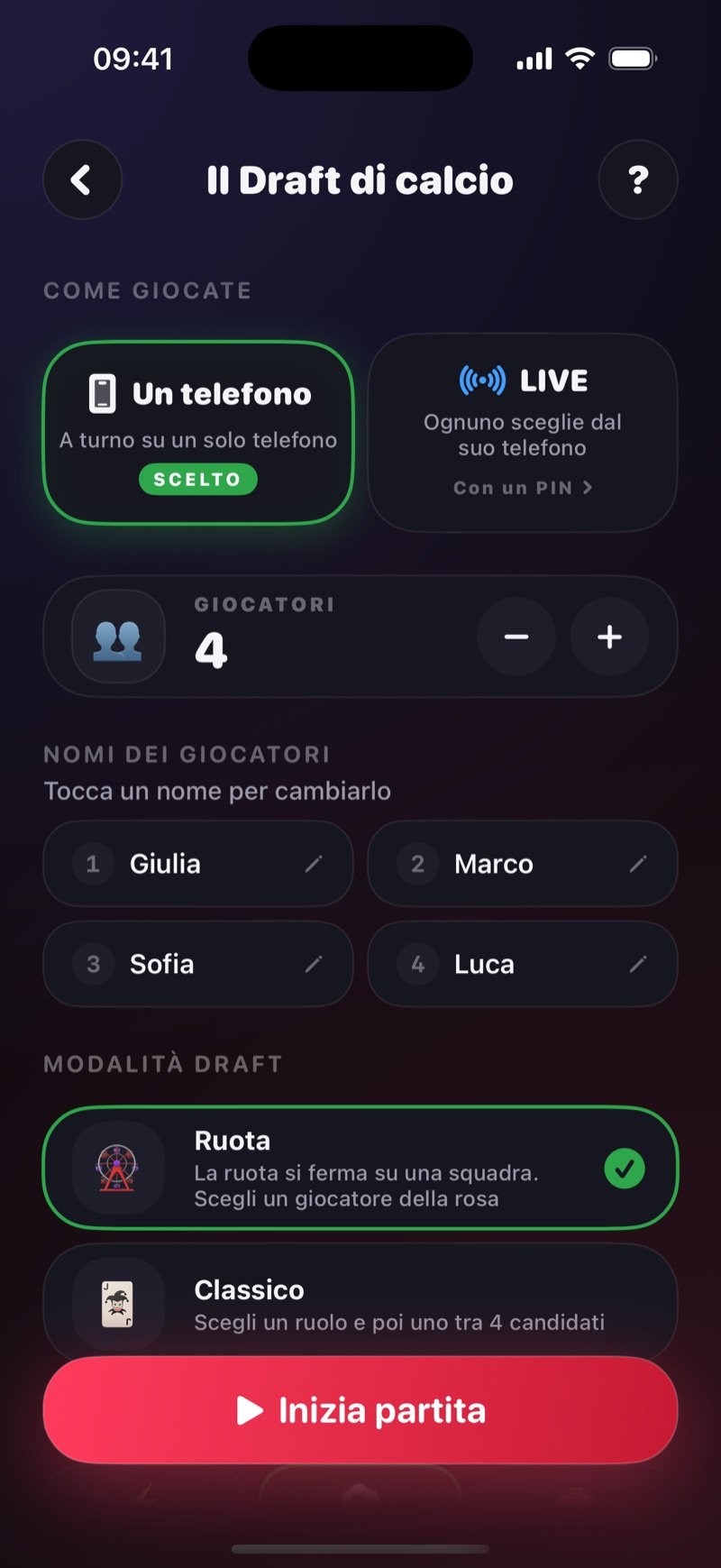 Schermata di preparazione de Il Draft di calcio in Dronk: How you play con One phone selezionato e l'opzione LIVE, 4 giocatori di nome Olivia, Jake, Mia e Tyler, meccanica di draft Spin selezionata al posto di Classic, e il pulsante Start Game (screenshot della versione inglese)