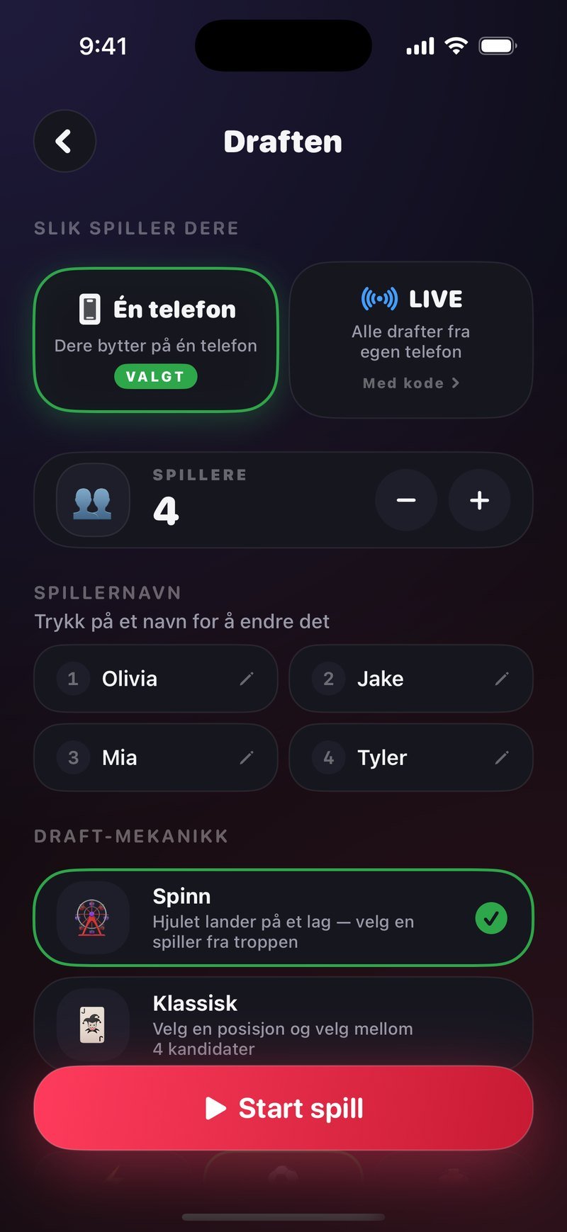 Oppsettet i Draften: Én telefon er valgt ved siden av LIVE med kode, 4 spillere med navnene Olivia, Jake, Mia og Tyler, draft-mekanikken Spinn huket av over Klassisk, og den røde knappen Start spill
